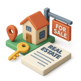 Ilustración 3D de bienes raíces con una casa, letrero “For Sale”, llave y contrato de “Real Estate”.