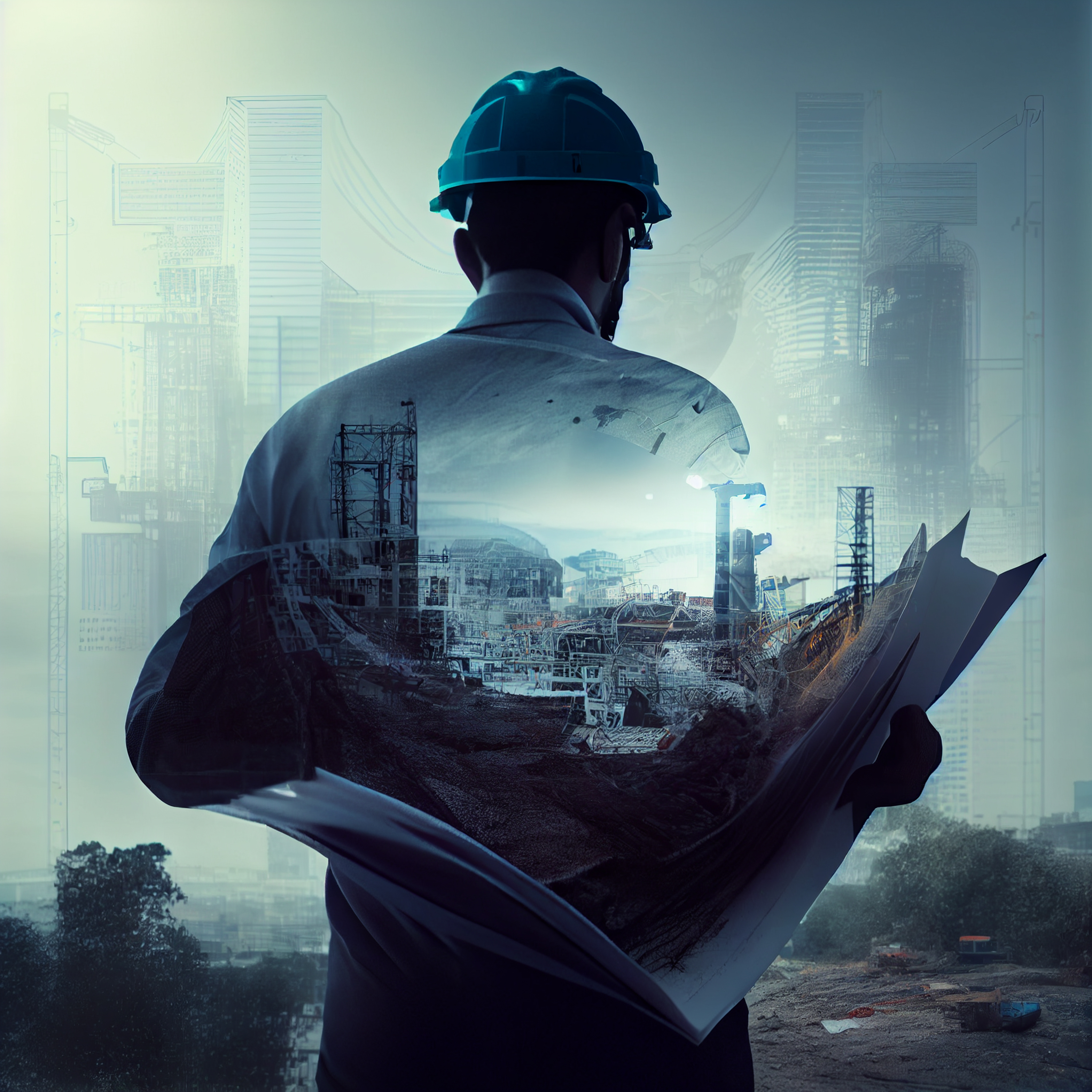 construction-engineer-holding-plan-double-exposure-blue-city-construction-sitegenerative-ai
