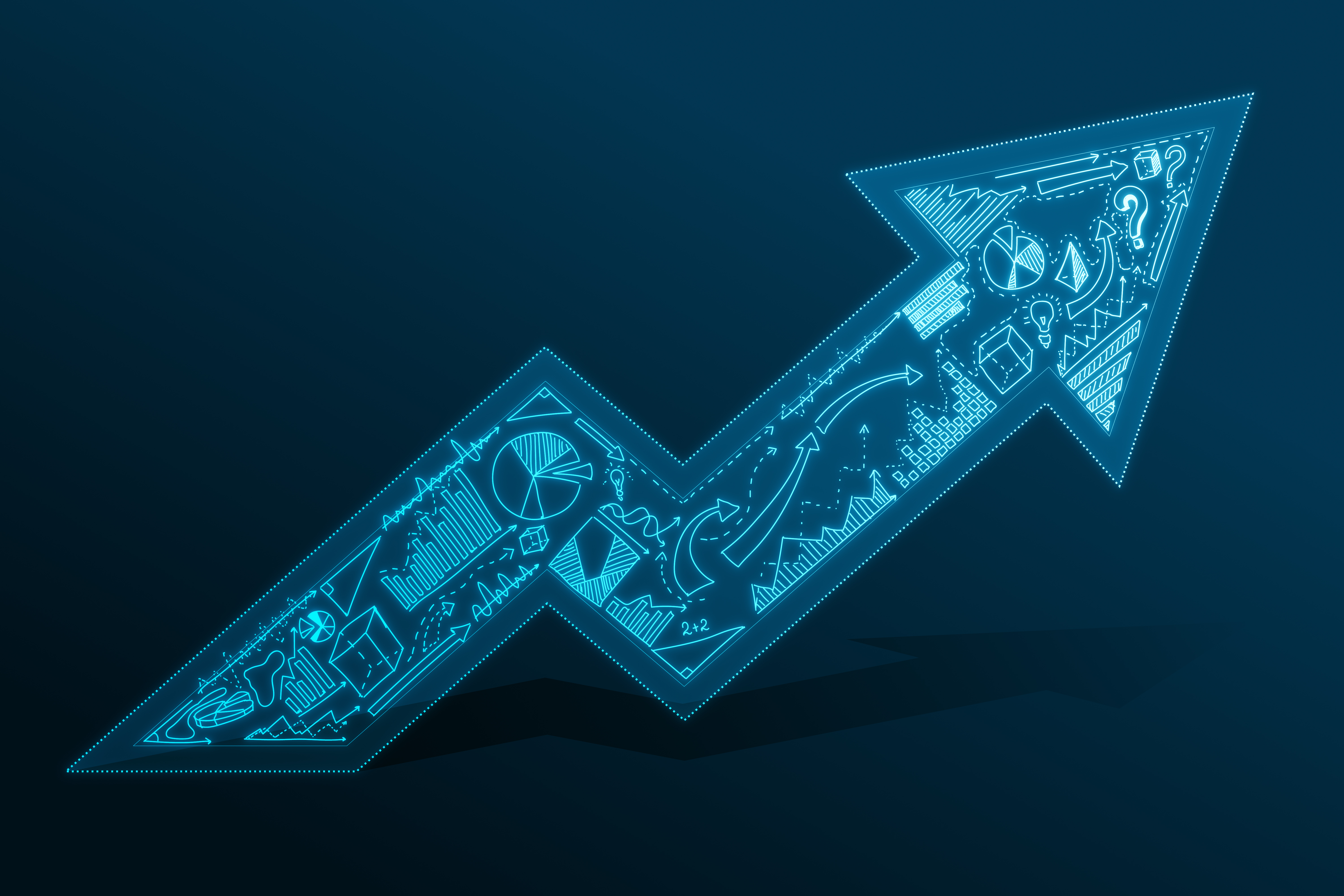 education-studying-personal-development-concept-with-digital-growing-arrow-with-graphs-mathematical-symbols-inside-dark-background-3d-rendering